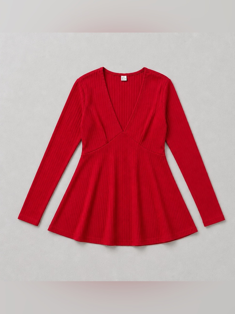 Women's Red Ribbed V-Neck Long Sleeve Dress